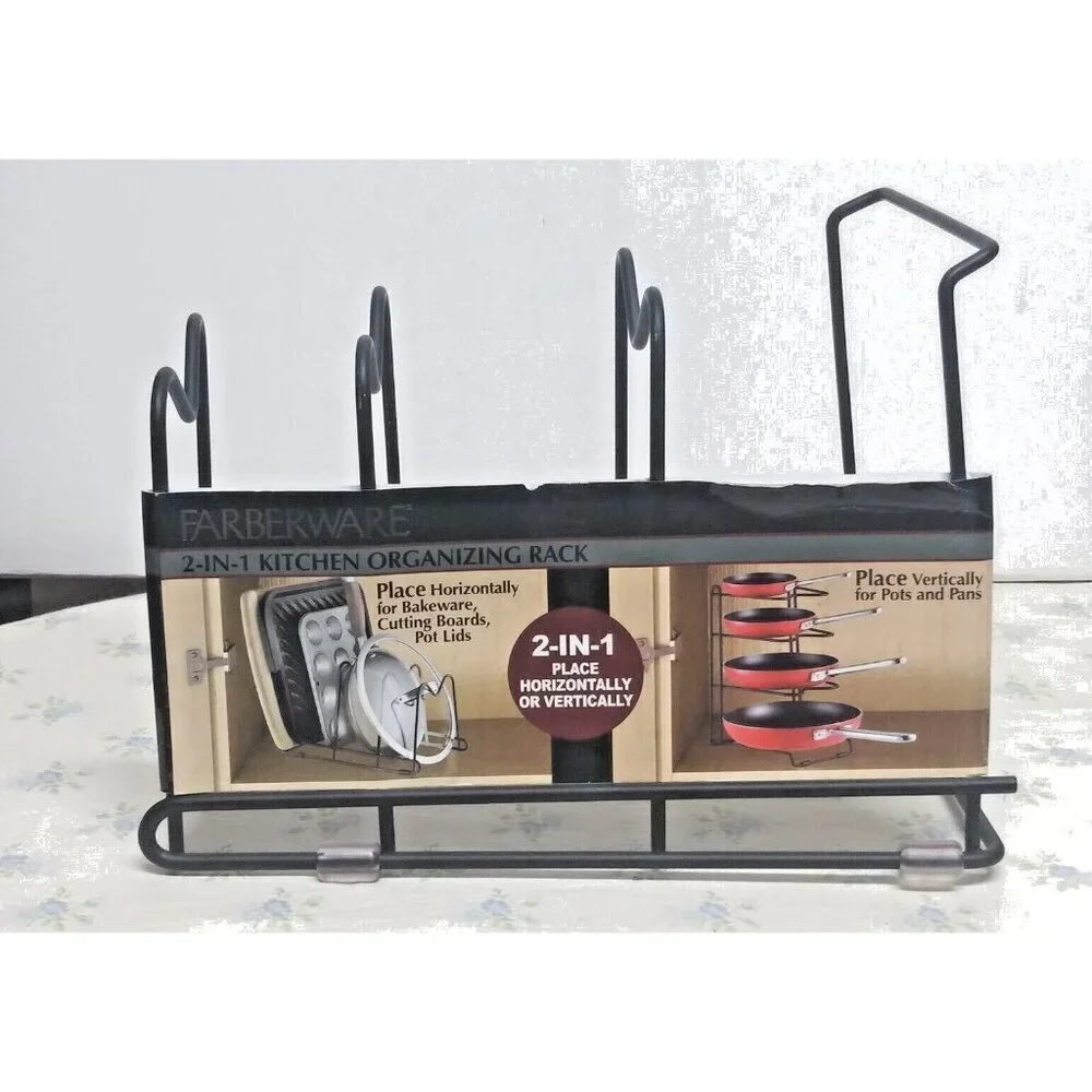 NEW Farberware Kitchen Organizing Rack Bakeware Pans Pot Lids Cutting Board etc